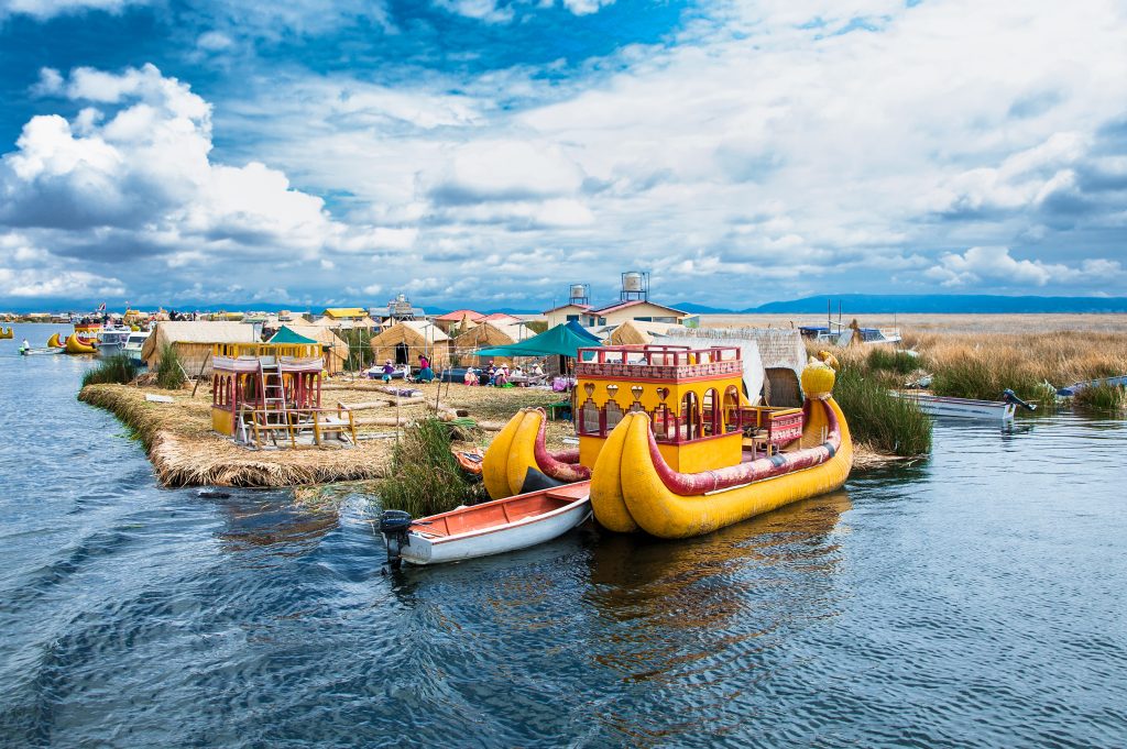 Uros floating islands on Titicaca lake in Puno, Peru, South Amer